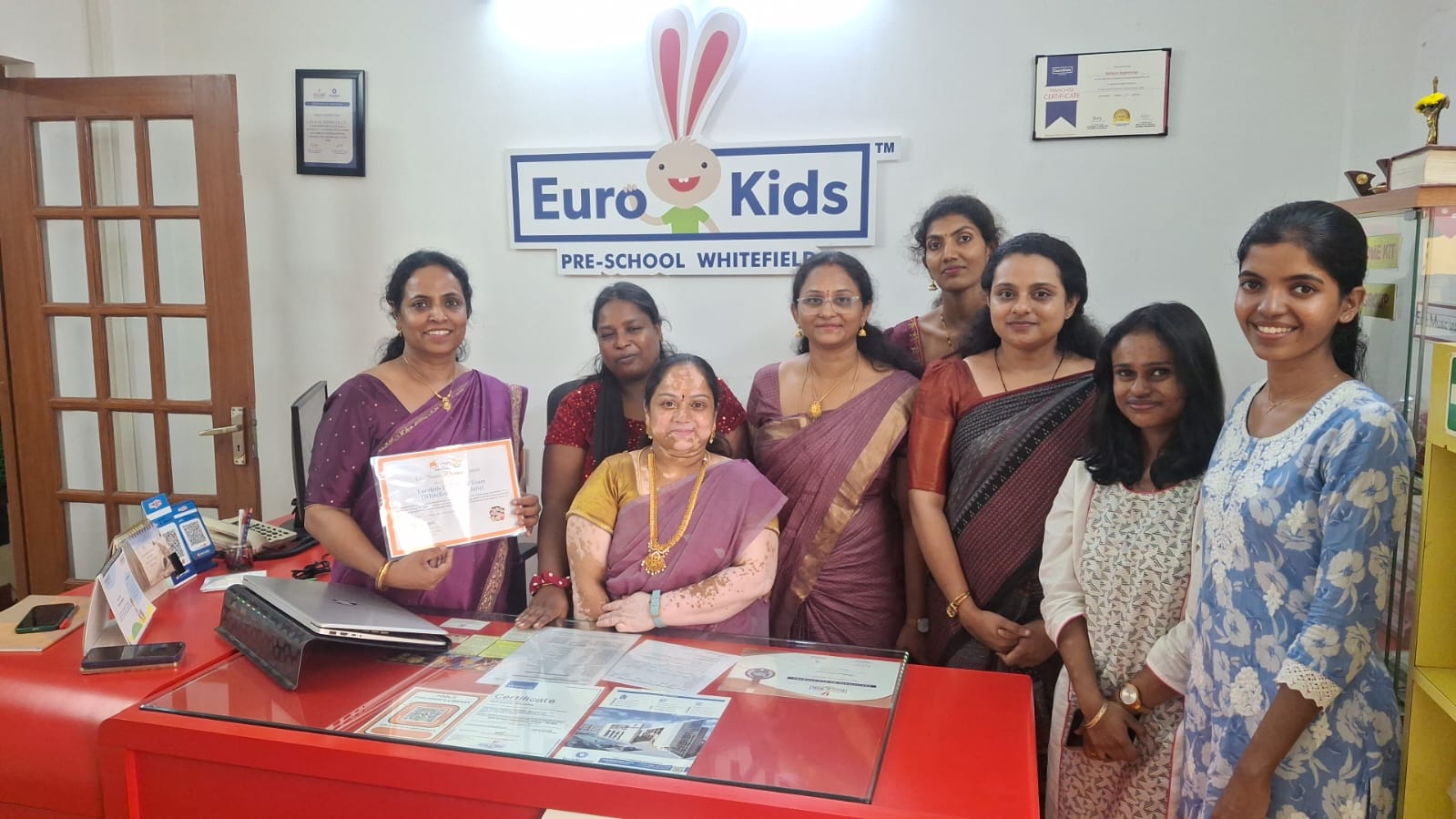 EuroKids Pre-School Whitefield team with Orange CDC certificate